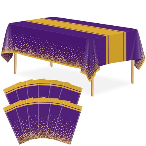 Image of 12 Pack Purple and Gold Tablecloth Party Decorations Plastic Purple Tablecloth Printed Gold Table Runner 54 x108 Inch Disposable Rectangle Table Cover for Birthday Wedding Graduation