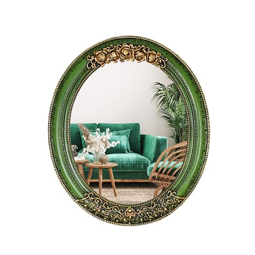 Hzxcuim Oval Resin Vintage Mirror, Wall Mounted Decorative Mirror for Entryway, Hallway, Bedroom Oval Mirror 11.8x10 inch (Green)