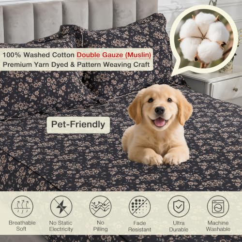 Image of Vintage Dark Floral Muslin Bed Sheets Queen Size Deep Pocket, 4Pcs