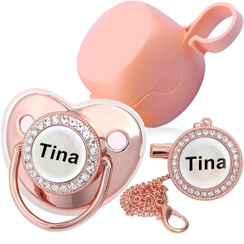 Personalized Pacifier with Name Bling Gold Pacifier Clip Set Storage Box Customized Halloween and Christmas Glitter Crystal Luxurious Soother Ideal Gift for Baby Shower Photography Newborn (Pink)