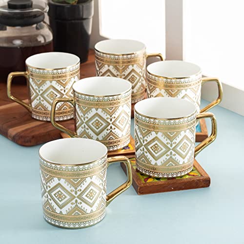 Image of Clay Craft Fine Ceramic Gold Print Tea Cups /Mugs Set of 6-220 ml Each (Director E698), Tea Cup Set of 6, Mugs for Coffee, Cups Set of 6, Mug Set, Ideal for Gifting, Perfect for Home and Office