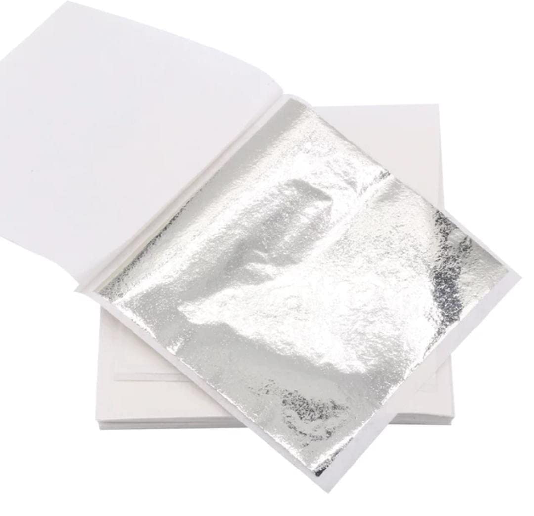 Gold Leaf Sheets, 100 Sheets, 8 by 8.cm Warq Golden Foil Paper for Gilding, Resin Art, Maysur Paintings, Arts Crafts, Nail Deco, Furniture, DIY Projects (3.14 x 3.35 inches, Silver)