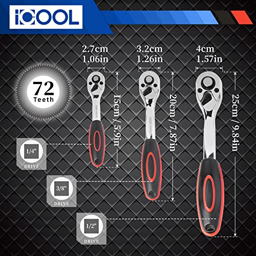 Icool 121Pcs 1/4" 3/8" 1/2" Drive Socket Set, Ratchet Socket Wrench Set With 72-Tooth Quick Released Reversible Ratchet, Sockets For Home Or Automobile Maintenance #TOP1