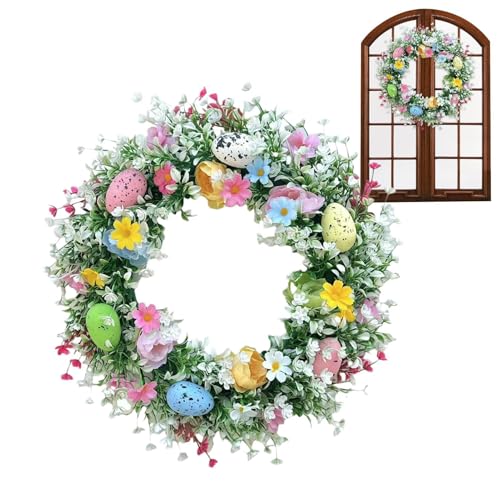 Oeufs De Paques Decoration Couronne, 35cm Couronne De Paques Porte avec Fleurs Et Œufs, Couronne De Porte Printemps Été, Couronne De Fleurs Artificielles Couronne De Porte pour Pâques Decoration