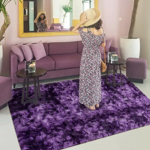 Image of Softlife Dark Purple Area Rug for Living Room, Fluffy Shag Plush 6x9 Rugs for Bedroom Girls Kids, Shaggy Soft Fuzzy Tie Dyed Large Carpet for Dorm Bedside Ultra Cozy Non-Slip Indoor Decor