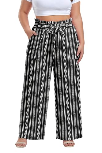Image of OLRIK Women's Plus Size Pants Adjustable High Waisted Wide Leg Palazzo Pants Casual Trousers with Pockets Spring Clothes