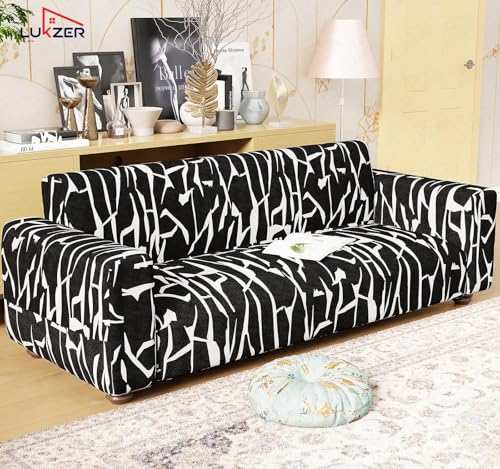 Image of Lukzer 4 Seater Black & White Design Universal Sofa Cover | 360 Fully Covered Anti-Slip Washable Couch Cover Protecter | 140 GSM Stretch Fit Polyester + Spandex Slipcover (230-300cm /SC-026-04)