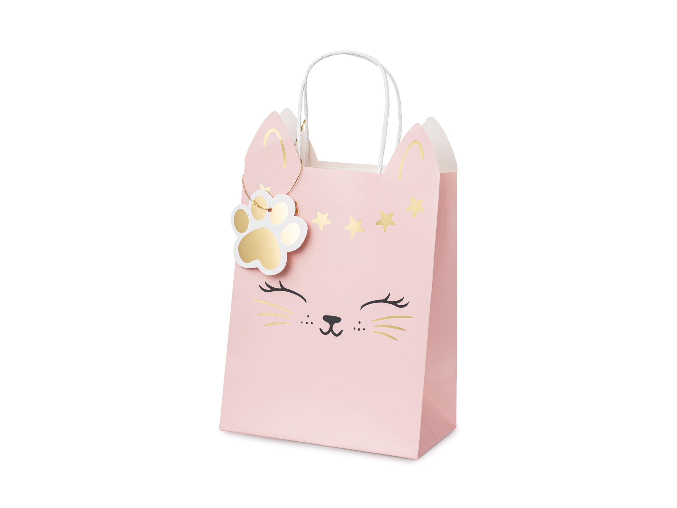 Gift Bag Cat with Handle 18 x 10 x 27 cm - Paper Bags for Filling for Party Favours and Party Bags - Party Bags with Base for Children's Birthday Girls Theme Party - Light Pink Gold