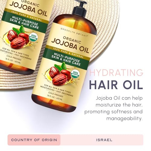 Image of Brooklyn Botany Cold-Pressed Organic Jojoba Oil | 16 Fl Oz | Hair | Face | Body | 100% Pure and Natural | Carrier Oil | Aromatherapy | Massage | Ayurvedic Hair Care | Hexane-Free