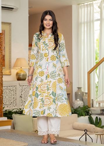 Image of Pistaa's Women's Floral Print A-Line Kurta with Lace Palazzos