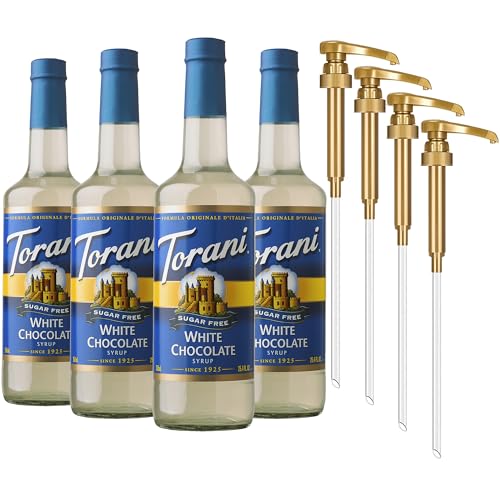 Torani Sugar Free Coffee Syrup, White Chocolate Flavored Syrup for Drinks, Zero Calorie, Glass Bottle 4-Pack, Pumps Included, 25.4 Fl Oz Ea