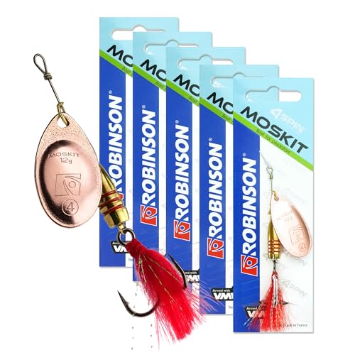 ROBINSON Spinner Angelköder 5er Set mit intensiven Vibrationen & breitem Spinnerblatt - VMC-Drillingshaken & Reizfaden Kunstköder für Hecht Barsch & Forelle (Cooper Sote Größe 4 (12g) - 5 Stück)