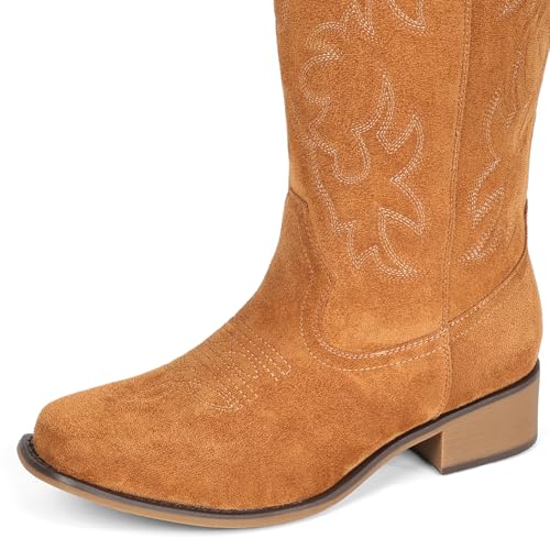 Image of IUV Cowboy Boots For Women Square Toe Wide Mid Calf Western Pull On Suede Fashion Black Brown Cowgirl Boots