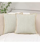 Pyonic Pack of 2 Black and Beige Farmhouse Pillow Covers 18x18 Inch, Decorative Striped Linen Tri...
