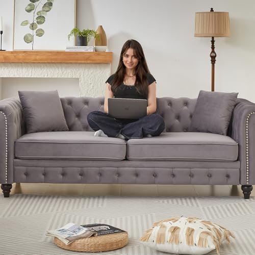 Image of Modern Chesterfield Sofa Set for Living Room, 2 Piece Velvet Fabric Furniture Sets 3 Seater Couch&Loveseat Sofa with Rolled Arms and Tufted Button, Office, Light Grey