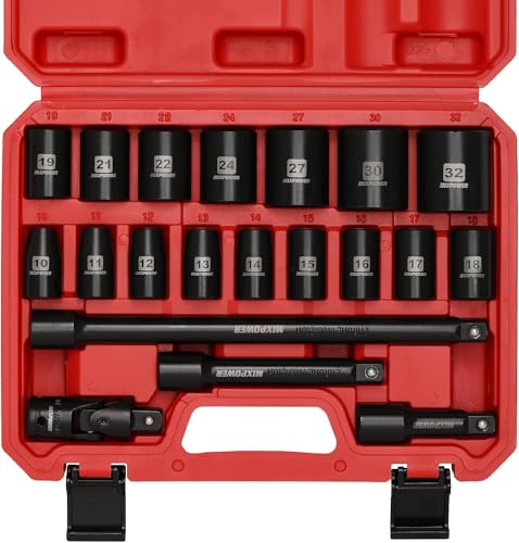 Image of MIXPOWER 1 /2-Inch Drive Shallow Impact Socket Set Metric Size 10mm-32mm CR-V 6-Point Mechanic and Repair Project 20-Piece 1 /2 inch Shallow Sockets Set with Extension Bar and Universal Joints