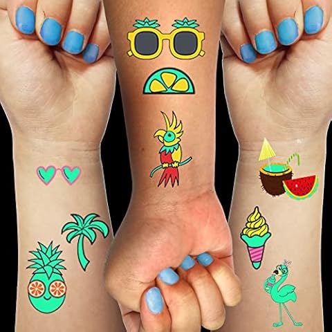 Luminous Temporary Tattoos Stickers for Kids 113 Pieces Mixed Style Glow In The Dark Summer Flamingo Pineapple Tattoos Hawaii Beach Glow Party Supplies Gifts for Children Boys Girls Cover