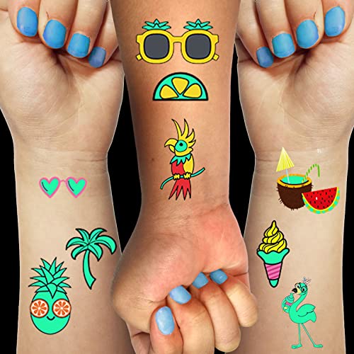 Luminous Temporary Tattoos Stickers For Kids 113 Pieces Mixed Style Glow In The Dark Summer Slipper Sunglasses Ice Cream Flamingo Pineapple Tattoos Hawaii Beach Glow Party Supplies Gifts For Children Boys Girls #TOP10