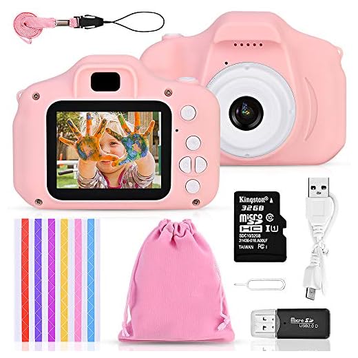 Faburo Set de Cámara de Fotos Digital para Niños, Cámara Infantil con Tarjeta de Memoria Micro SD 32GB, Cámara Digital Video cámara Infantil para Niños Niñas Regalos de cumpleaños, 1080P, Rosa