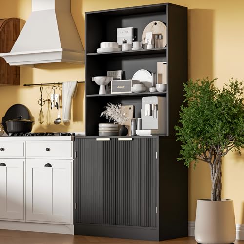 Housoul 67" Pantry Cabinet with 2 Doors, 3-Tier Modern Hutch with Adjustable Shelves, Freestanding Larder Cupboard, Kitchen Pantry Storage Cabinet for Kitchen, Dining Room, Bathroom, Black