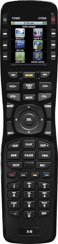 UNIVERSAL REMOTE X-8, a black universal remote control with multiple buttons