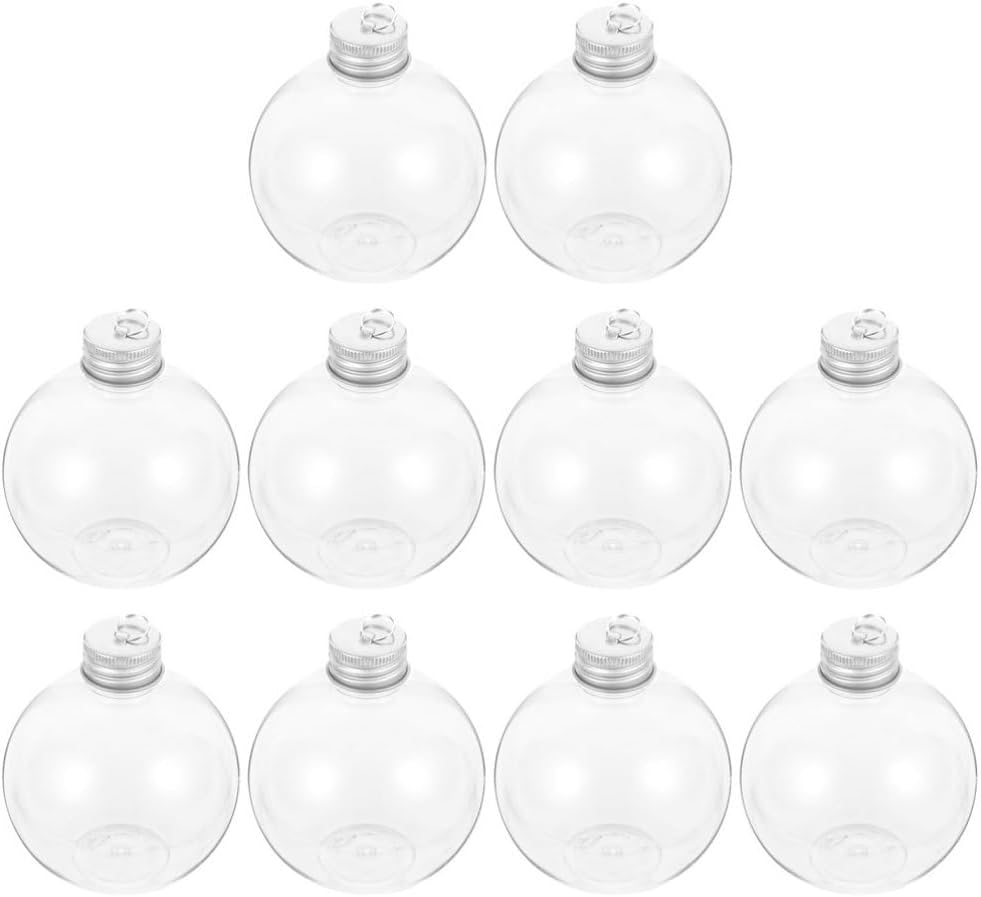 Tofficu 10pcs Clear Fillable Bottle Ornaments, 100ML Christmas Bulbs Potion Bottles, Plastic Empty Balls for Milk Beverage Juice Candy Party Crafts Xmas Tree Hanging Sliver