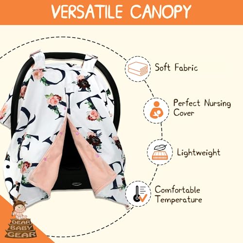 Image of Dear Baby Gear Baby Car Seat Canopy Snap Button Opening - Carseat Canopy for Daily Use - Cover for Newborn Car Seats - Stylish Nursing Cover - Floral Alphabet /Blush Smooth, 40 inch x 30 inch