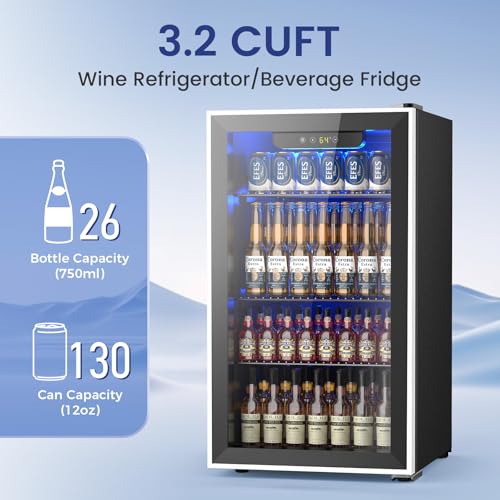 Image of Electactic 26 Bottle Wine Cooler 130 Can Beverage Refrigerator, Small Freestanding Cabinet Wine Cellar with 32℉-61℉ Temperature Control Glass Door, Black
