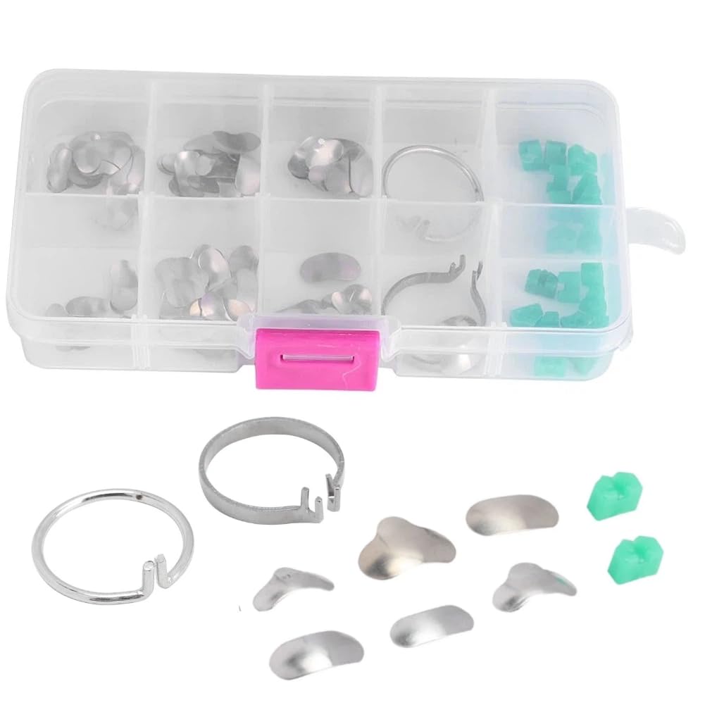Matrici Dentali, Set Professionale di 100 Matrici Sezionali in Metallo con 20 Cunei e Anelli, Strumenti Odontoiatrici per Trattamenti di Precisione, Kit Completo per Cliniche e Studi Dentistici
