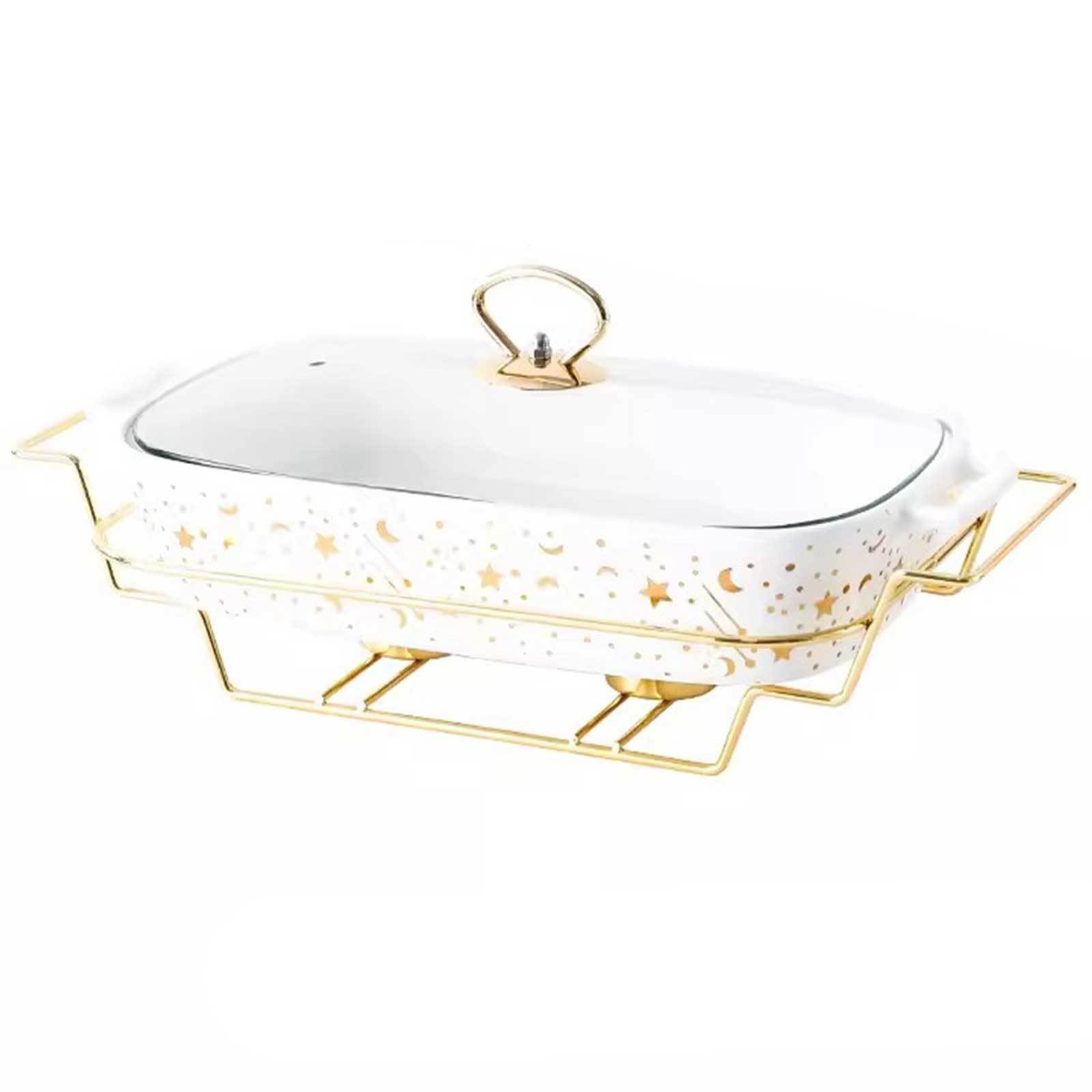 Ceramiczne Naczynie Do Zapiekania Ze Szklaną Pokrywą, Forma Do Pieczenia Z Uchwytami, Naczynia Do Pieczenia Dla Home Decor Ze Złotym Stojakiem, Tace Do Podgrzewania Na Bufet,White-Medium