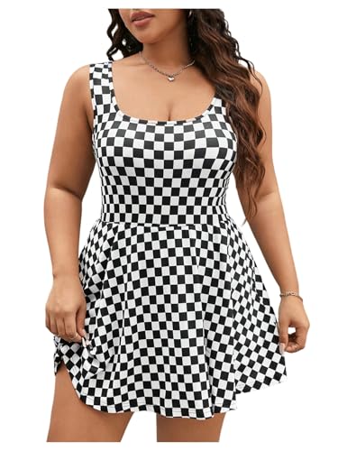 Verdusa Women's Plus Size Checkered Plaid Tank Dress Sleeveless A Line Mini Dresses with Pocket Black and White XX-Large Plus