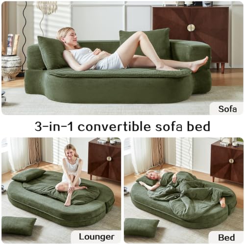 Image of 79 inch Convertible Futon Sofa Bed Mattress, Sleeper Boneless Futon Sofa,Green | Polyester Sleeper Sofa, High-Density Foam, 2 Pillows. No Assembly. Pull-out Couch for Living Room, Bedroom, Apt.