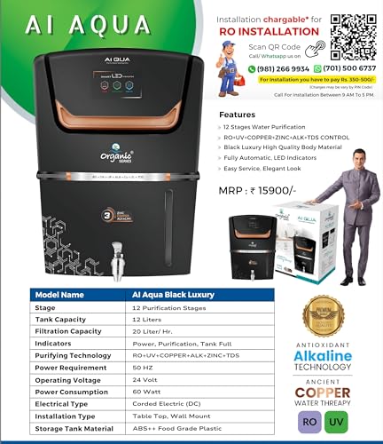 Image of Aqua RO Mclord Premium Series with R.O+UV+Copper with Zinc+Taste and Tds controller system. 12 liter Storage Tank suitable for Home and Office. (AI AQUA BLACK)