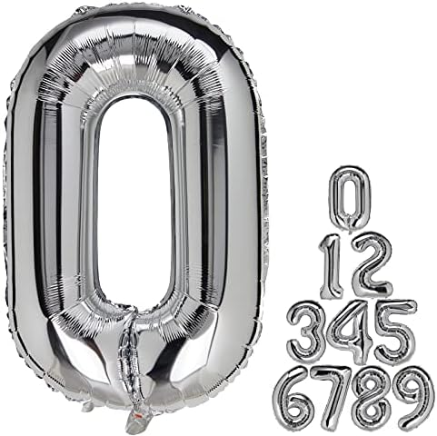 Number Balloon 0 Silver 40 Inch Foil Balloon with Straw & Ribbon Big Giant Jumbo Birthday Party Decorations Foil Mylar Helium Kids 0-9 Numbers Balloons for Baby Children