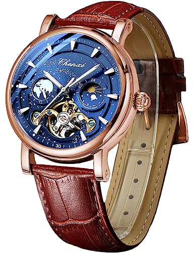Forsining Men's Watch Luminous Starry Sky with Moon Phase Tourbillon, Mechanical Automatic Self-wind Fashion Watches, Stainless Steel Case Leather Belt Wristwatch, Brown Strap Blue Dial Rose Gold Case