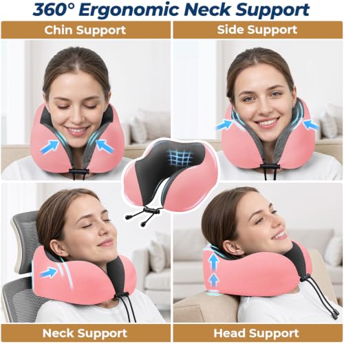 Image of ExploreBliss Travel Pillow, Memory Foam Neck Pillow Airplane, Pink | Travel Pillows for Airplanes, Neck Pillow Airplane, Memory Foam Neck Pillow Set with Eye Mask, Earplugs