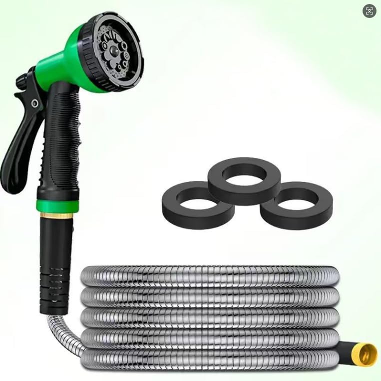 High pressure stainless steel garden hose with spray gun - extendable, durable vinyl, standard American thread, suitable for lawn watering, car washing (100FT Green)