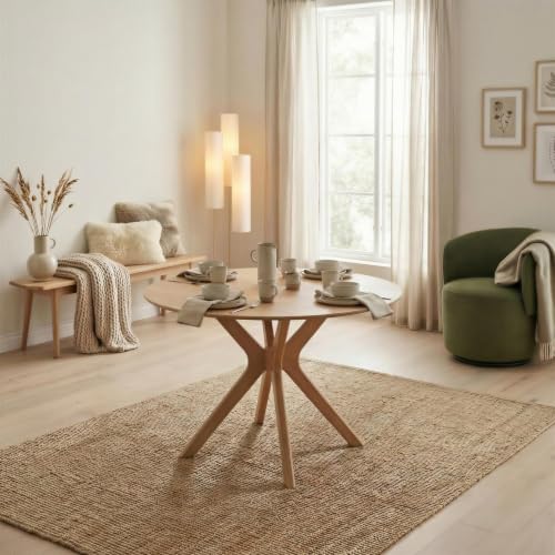 Image of UK Furniturebox 4–6 Seat Wooden Round Dining Table – Real Oak Veneer – Sturdy Wood Composite Top & Solid Rubberwood Starburst Legs – Mette Range – Rustic Farmhouse Kitchen Dining Furniture