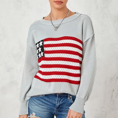 Image of Women American Flag Sweater Loose Vintage USA Sweatshirt Long Sleeve Crewneck Hollow Out 4th of July Jumper