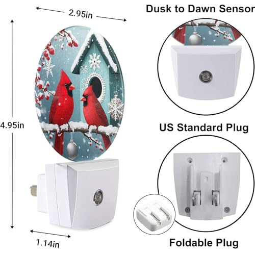 Image of Bird Cardinal Night Light Snowy Tree Red Birds on Branch Winter Plug-in Nightlight Energy Saving 0.5W LED Lighting for Boys Girls Men Women