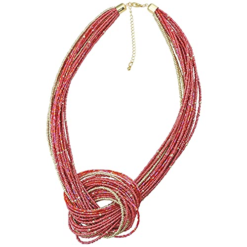 Bocar Red Seed Beads Multilayer Chunky Bib Statement Knot Necklace (NK-10316-Red)