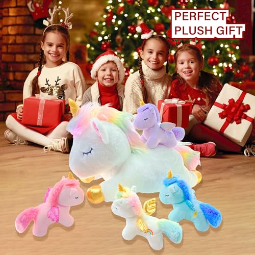 Image of Unicorn Stuffed Animal,Cute Unicorn Mommy Stuffed Animal with 4 Baby Unicorns Plush in Tummy,Kawaii Unicorn Plush Toy Gift for Kids Girls Boys