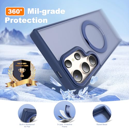 Image of Compatible with Samsung Galaxy S24 Ultra Case with 360Rotatable Magnetic Ring Stand Compatible with Mag-Safe Military Protection Matte Translucent Phone Cases for S24 Ultra 6.8 inch,Blue