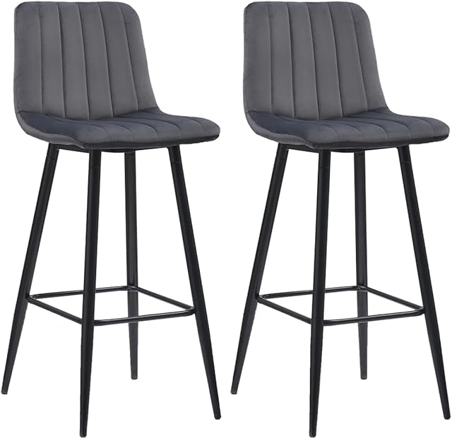 CLIPOP Bar Stools Set of 2 Grey Velvet Breakfast Bar Chairs with Backrests and Black Matt Metal Legs,2 PCS Kitchen Counter High Bar Stools (Seat height : 65 cm)