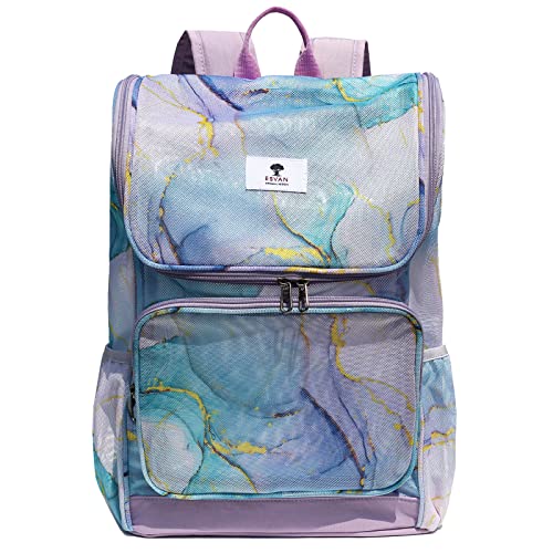 ESVAN Original Print Mesh Backpack Clear Bag See Through Pack for School Beach Gym Multi-Purpose Women Men, J, Large, Leger Cover