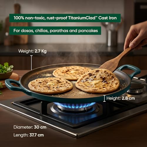 Image of Ember Cookware TitaniumClad Enamel Cast Iron Tawa for Dosa 30 cm | 10-Year Warranty | Rust-Proof Cast Iron Tawa for Roti & Dosa | Non Stick Dosa Tawa | Heavy Duty Induction Cookware | Teal