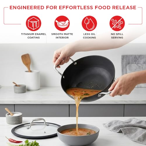 Image of Vinod Ferona Lightweight Cast Iron Kadai 1.4 L, 20 cm | Glass Lid, TREON Technology, No-Seasoning Enamel Kadhai for Healthy Cooking, Naturally Stick-Free, Gas Base, PTFE & PFOA Free