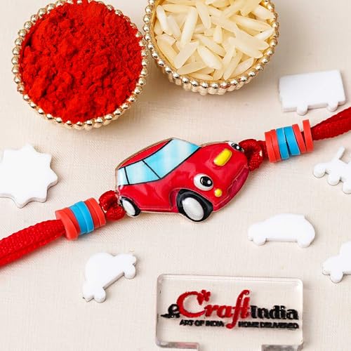 Image of eCraftIndia Pack of 20 Cartoon Car Rakhi for Kids Brother Boys Girls | Designer Raksha Bandhan Rakhi for Bhai Bhaiya | 20 Best Bro Ever Fridge Magnets | Roli Chawal Pack Gift Set