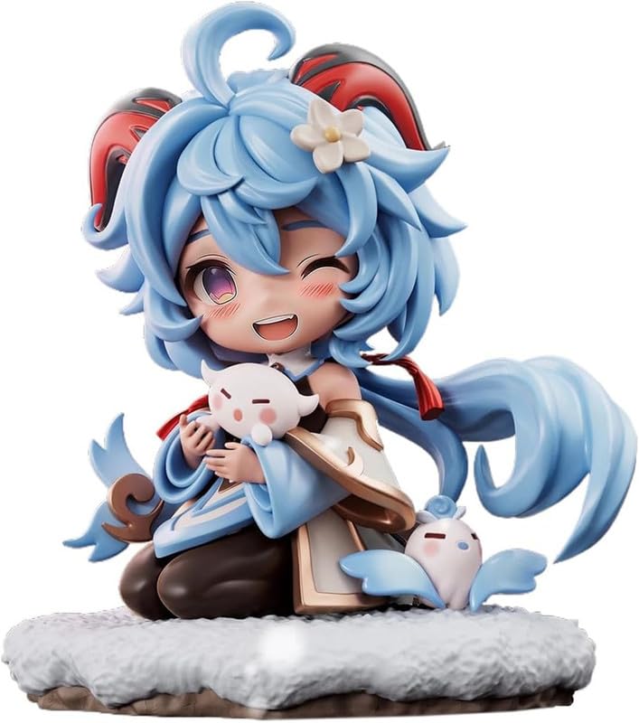Figurki akcji anime Model Statue-Q wersja niebieskich włosów, czerwonych rogów i fioletowych oczu kobieca postać z gry, przytulanie białego, klęcząc na śnieżnej podstawie, waga 419 g