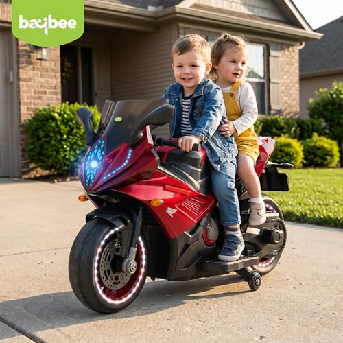 Image of Baybee SuperX Electric Bike for Kids 3+ Years | Baby Rechargeable Battery Bike with Training Wheels, Hand Accelerator, Foot Brake, Led Lights & Music | Battery Operated Bike for Kids to Drive (Red)
